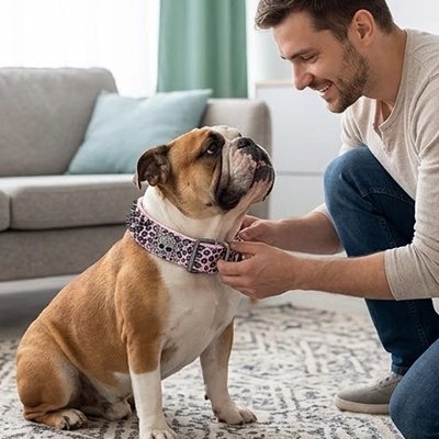 Collier Chien bouledogue avec un collier rose