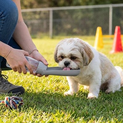 Gourde Chien bichon maltais qui boit dans une gourde grise