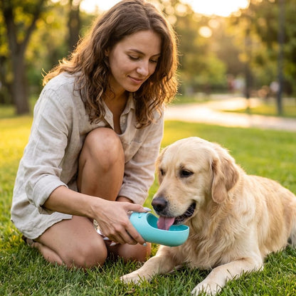 Gourde Chien femme qui donne à boire à son labrador