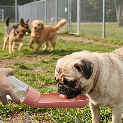 Gourde Chien pug qui boit dans une gourde rose