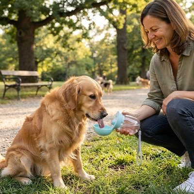 Gourde pour Chien bleu femme qui donne à boire à son golden retriver