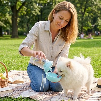 Gourde pour Chien bleu une femme qui donne à boire à son petit chien blanc