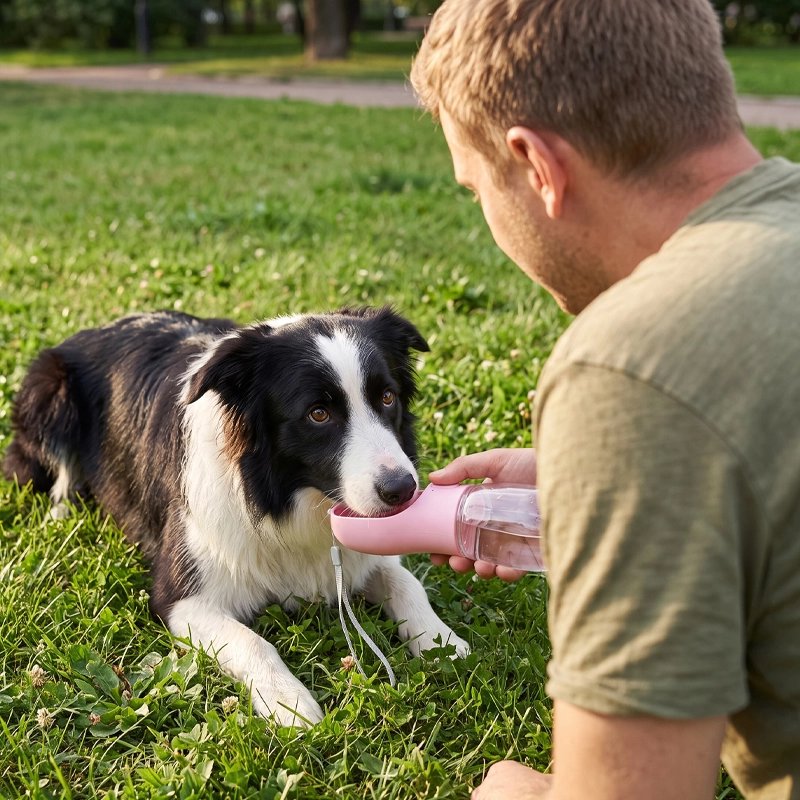 Gourde pour Chien homme qui donne à boire a son chien noir et blanc