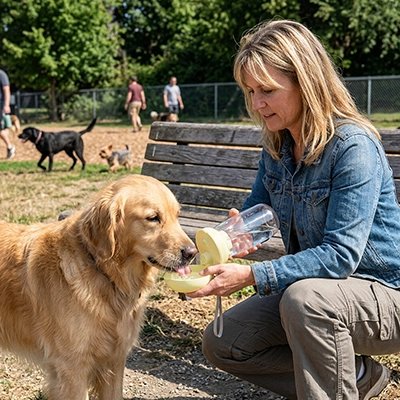Gourde pour Chien jaune une femme assit qui donne à boire à son golden retriver