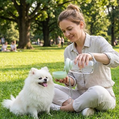 Gourde pour Chien vert femme qui donne à boire à son petit chien blanc