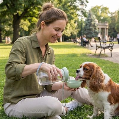 Gourde pour Chien vert femme qui donne à boire assit