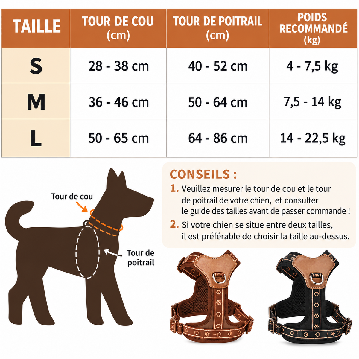harnais chien en y marrron tailles