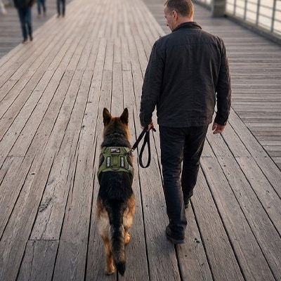 Harnais chien vert armé avec un homme