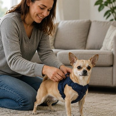 Harnais pour Chien bleu dans le salon