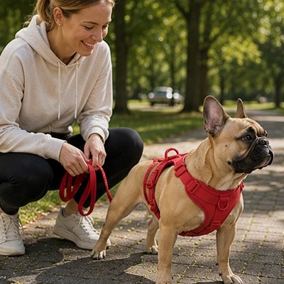 Harnais pour Chien bouledogue français avec laisse rouge