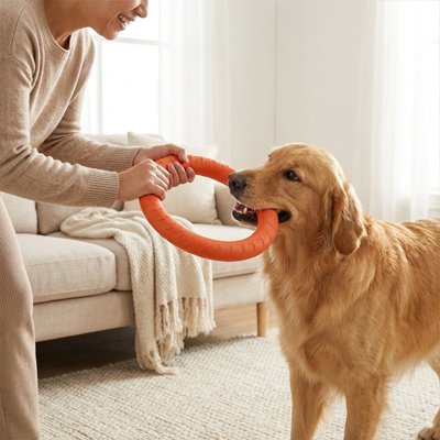 Jouet chien orange salon