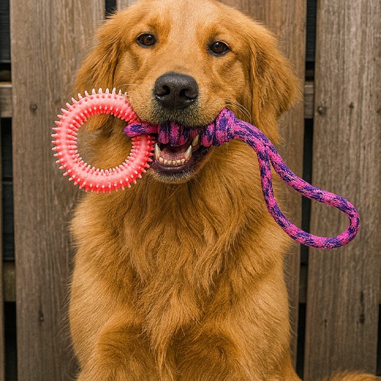 Jouet chien rose dans la geule