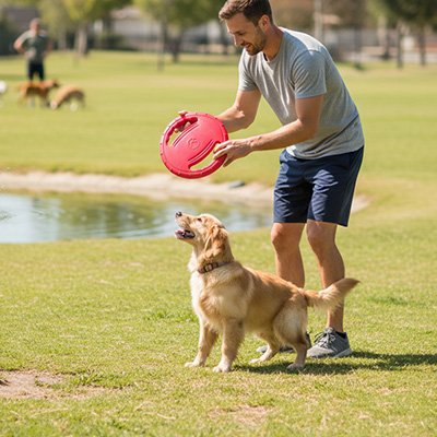 Jouet pour chien homme qui tient le disque