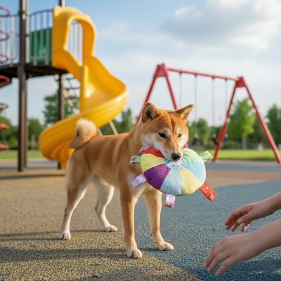 Jouet pour chien shiba dans un parc