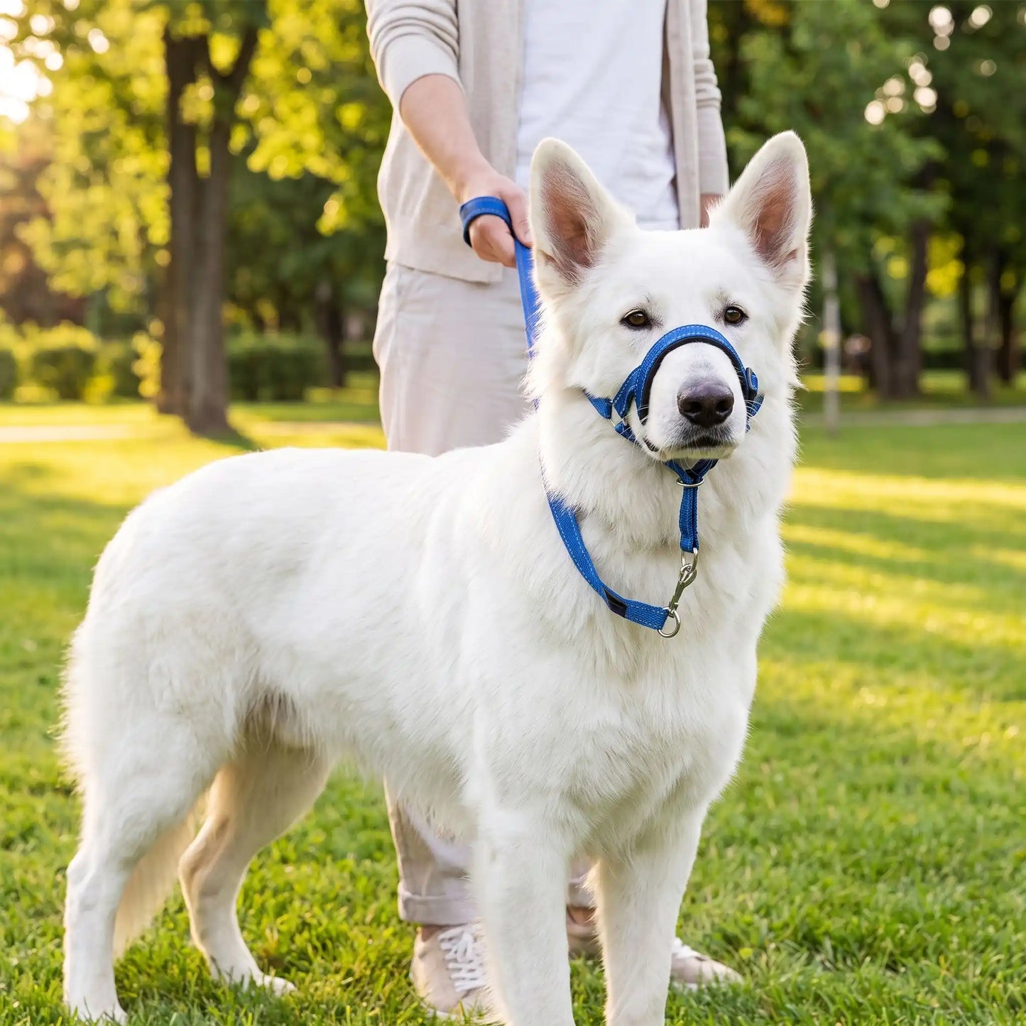 muselière chien laisse bleu
